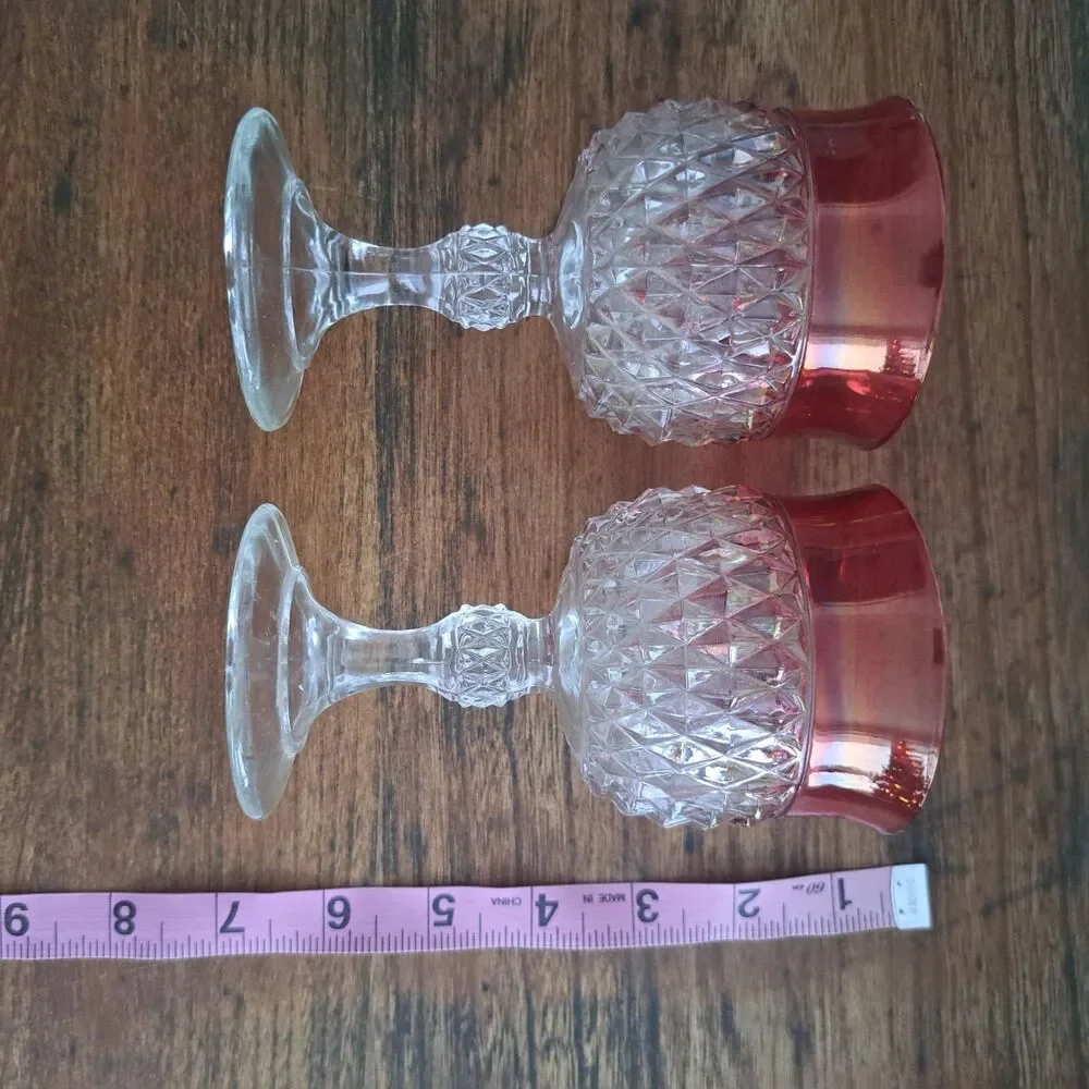 Vintage Set Of 2 Diamond Point Ruby Pink Water Wine Crystal Goblet Indiana Glass
